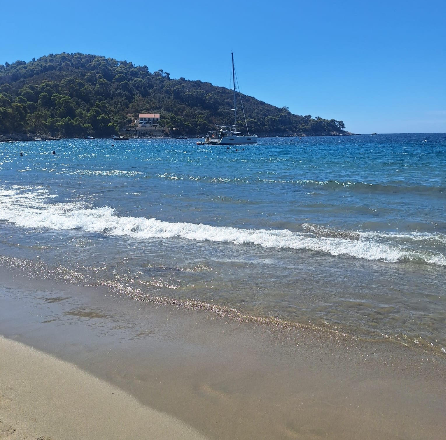 Saplunara Beach on Mljet Island, with a sandy shoreline, crystal-clear Adriatic Sea, a sailboat in the bay and lush Mediterranean greenery.