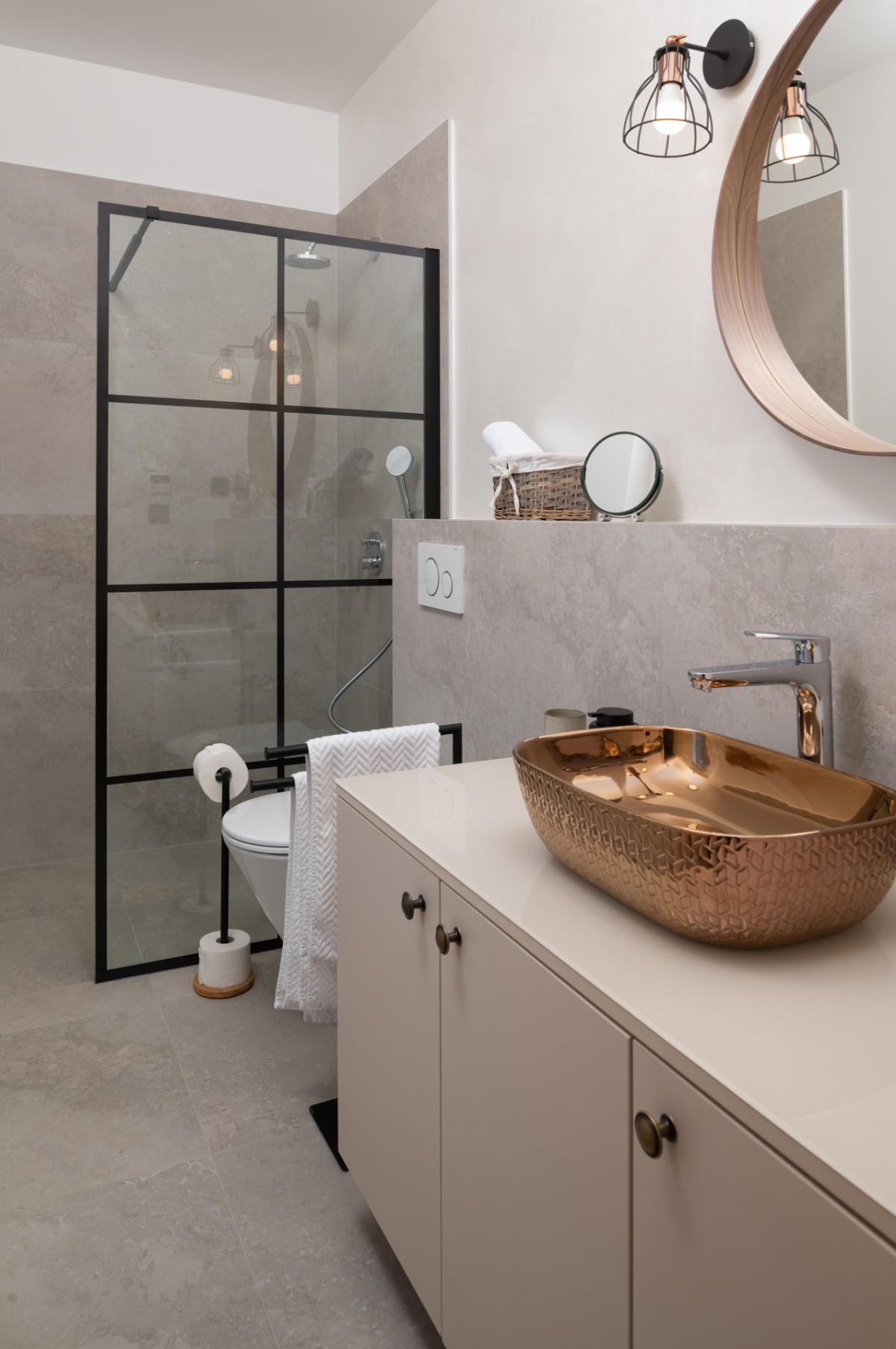 Luxury Bathroom Design with Copper Vessel Sink and Industrial Shower