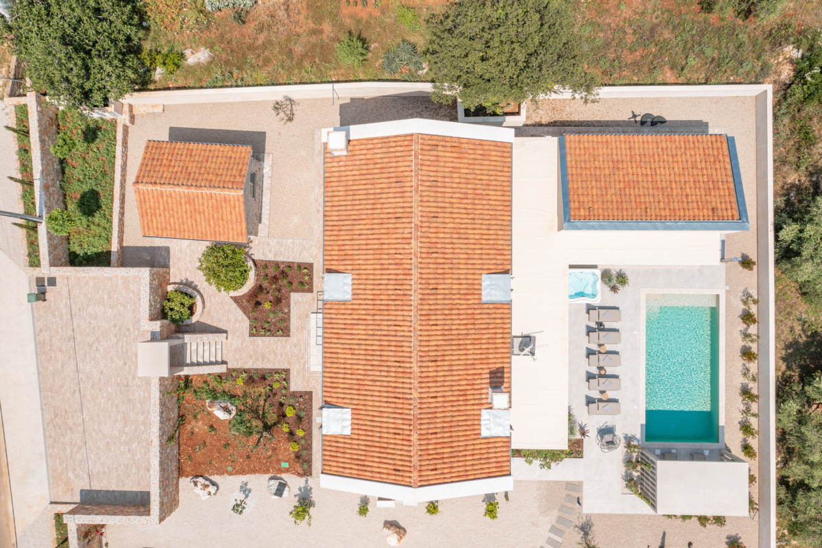 Aerial bird's-eye view of Villa Utopia with Heated pool