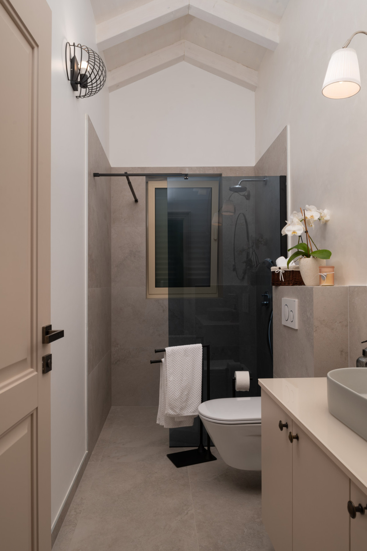 Modern Shared Attic Bathroom with Vaulted Ceiling and Glass Shower